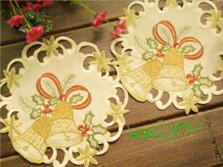 Xmas Christmas Bells & Poinsettia Embroidered Holiday Coaster Doily 7
