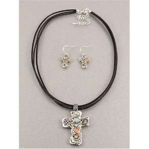   Desinger Inspired Silver Cross Pattern Necklace and Earrings Set