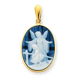 New 14k Guardian Angel & Young Girl Agate Cameo Pendant  