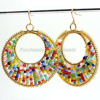   Golden Multicolor Plastic Beads Donut Shape Ear Hook Earrings  