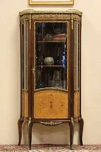 French Curved Glass Curio Display Cabinet, Marble Top  