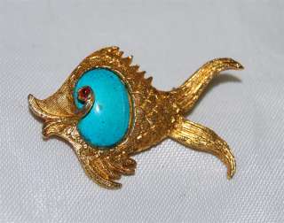 Vintage Cadoro Whimsical Fish In Turquoise & Gold Pin  