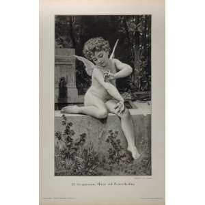 1893 Engraving Angel Cherub Cupid Putto Butterfly RARE 
