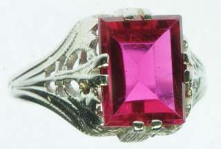 LADIES 14K WHITE GOLD ANTIQUE FILLIGREE RUBY SOLITAIRE ESTATE RING 
