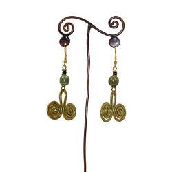 Brass Green Bead and Two Swirls #11 Earrings (Kenya)  