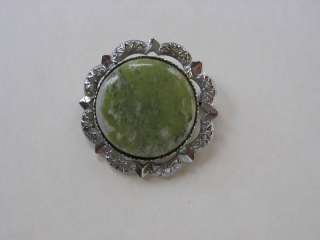 Vintage Silvertone Mizpah Scottish Green Stone Brooch  