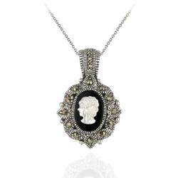   Marcasite Onyx and Mother of Pearl Cameo Necklace  