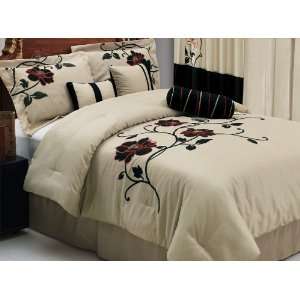  7Pcs Queen Black Rose Applique Comforter Set