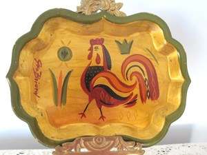   Modern Georges Briard Folk Art Retro Rooster Hand Painted Tole Tray