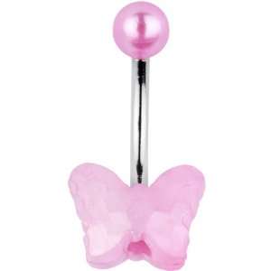  Pink Faux Pearl Heart Butterfly Belly Ring: Jewelry