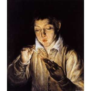    A Boy Blowing on an Ember to Light a Candle