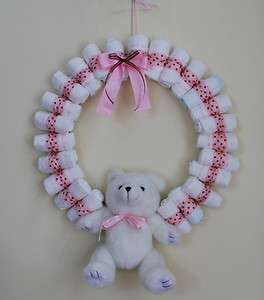 Elegant Baby Girl Pink & Brown 18 Diaper Wreath with Teddy Bear 