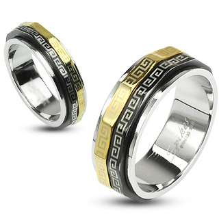 Stainless Steel Black & Gold Greek Key Spin Band Ring  