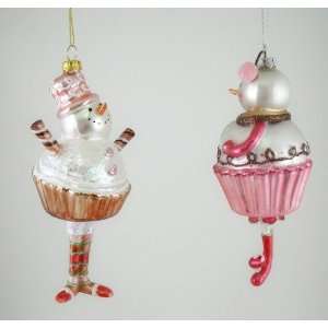 Cupcake Snowman and Snow Woman Christmas Holiday Tree Ornaments Set of 