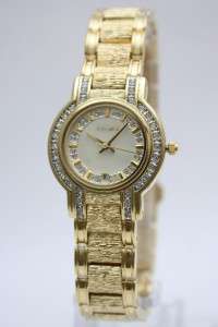 New Elgin Women Austrian Crystal Gold Date Pearl Dial Watch 28 mm 