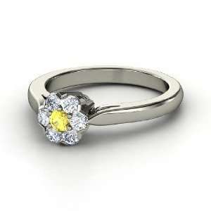  Carnation Ring, Round Yellow Sapphire 14K White Gold Ring 