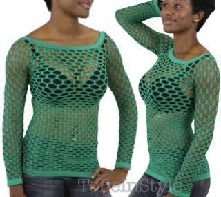 Green Exotic LongSleeve Fishnet Top Women Blouse Shirt GoGo Dancewear 