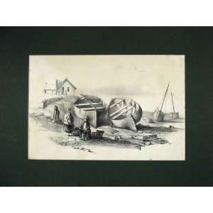   1850 Victorian Print View Fishing Boats Creels Harbour