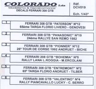 Colorado Decals 1/43 FERRARI 308 GTB 6 Different RACE Versions  