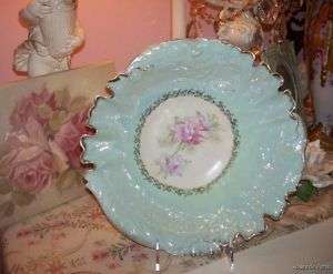 antique Victorian Centerpiece Bowl~PINK ROSES~AQUA~WOW!  