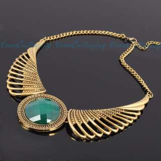 Vintage Golden Flying Wings Hollow Green Pendant Chain Jewelry Bib 