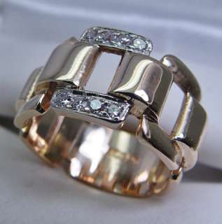 Wide Band Large Links 14K Gold Diamond Ring  