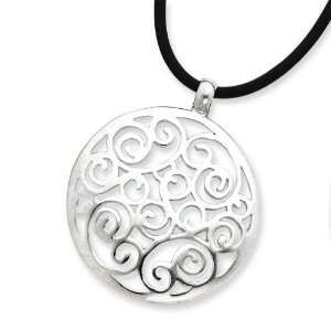  Sterling Silver Round Fancy Pendant Cord Necklace Jewelry