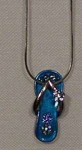 Blue Sandal Pendant Necklace Flip Flop Flower Silver Enamel Crystals 