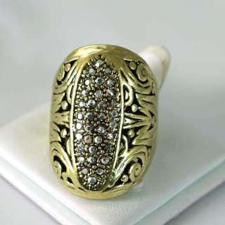 Retro Oval Bronze Copper Leaf Gemstone Zirconia CZ Inaid Finger Ring 
