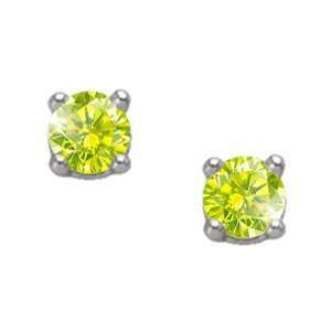 Brilliant Cut Platinum Stud Earrings with Greenish Yellow Diamond 3/4 