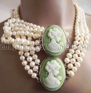 Cameo Shell White FW Pearl Necklace Bracelet Set  