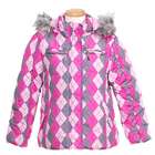   Dollhouse Pink Gray Diamond Pattern Fur Trim Hood Puffer Coat Girl 4