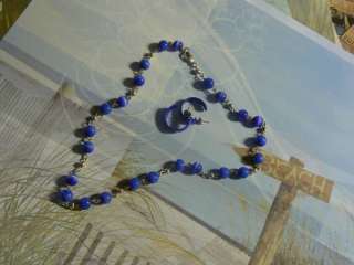 Vintage Silvertone Blue Bead Necklace Earrings  