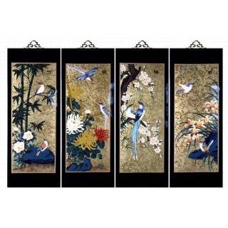 Set Of 4 Oriental Lacquered Painting Wall Art Plaques (Four Seasons 