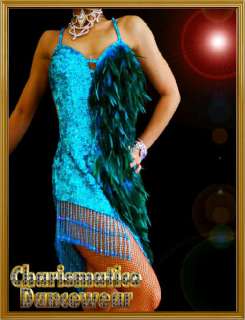 BLUE Feather DRAG QUEEN SALSA EXOTIC STAGE dance dress  