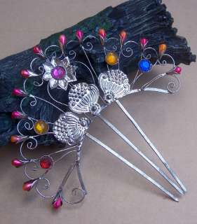   OPENWORK SILVERTONE METAL HAIR COMB WITH MULTI COLOURED GLASS STONES
