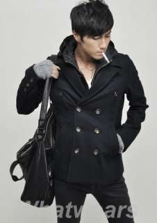 Mens Zip Up Hooded Slim Double Breasted Wool Trench Coat Jacket Black 