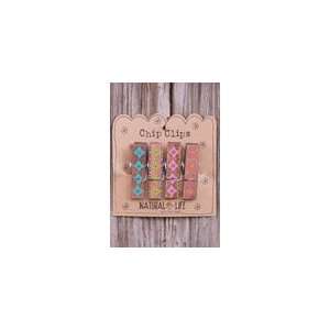  Brown Stained Wood Clips ~ Teal, Green, Pink, Red Flowers 