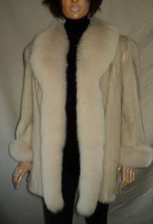 Ladies Mink Fur Coat Glamor + Sporty Blush Fox Tuxedo Trim Cuffs M L 