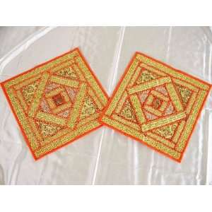  2 Orange Zardozi Decorative Indian Sari Pillows Cushion 