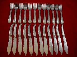 LAP OVER EDGE ACID ETCHED TIFFANY & CO. STERLING 24PC FISH SET BIRDS 