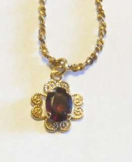 Vtg Gold Filled Red/Purple Stone Pendant Necklace  