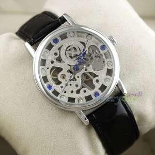   Silver Steel Skeleton Manual Mechanical Watches Blue/W Ctystal Leather