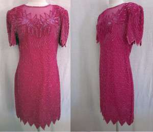 Vtg Denise Elle Sequin Bead Party Hot Pink Dress Size M  