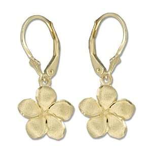  14k Yellow Gold Lever Back 12mm Plumeria Flower Earrings Jewelry