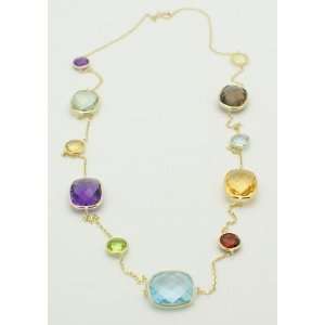 14K Yellow Gold Checkerboard Multi Colored Gemstone Necklace 20 New