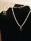 Avon Silver Tone Garnet Necklace, Earrings, Bracelet Set