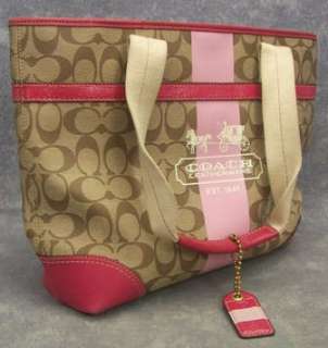Authentic COACH Heritage Stripe Signature Tote Bag Khaki PINK Handbag 