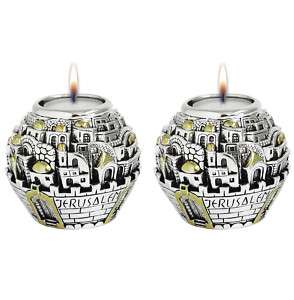   Silver Jerusalem Ball candlesticks Candle Holders Judaica art  