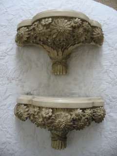 PAIR Gorgeous Vintage Small WALL SHELVES SCONCES Ornate Flowers Creamy 